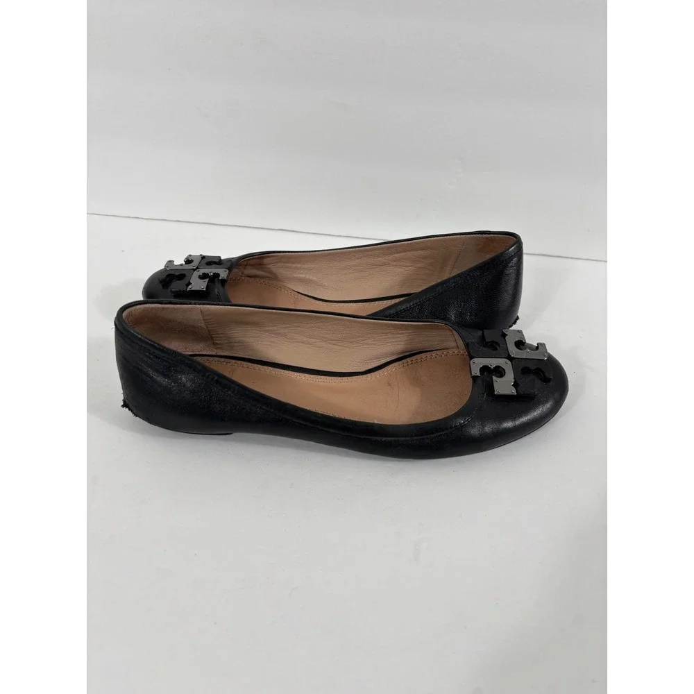 Tory Burch Black Lowell Leather Ballet Flats Embellished Logo Size 7 M